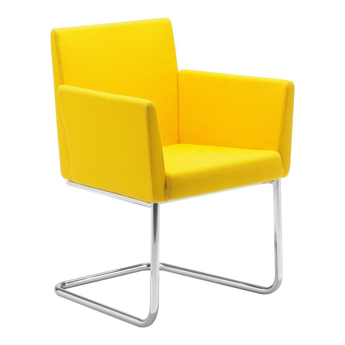 Bright yellow modern chair with a sleek chrome base and minimalist design. Ideal for contemporary spaces.