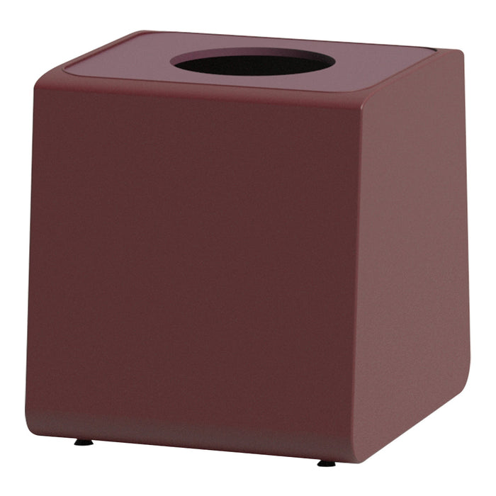 Deep burgundy square waste bin with a smooth, matte finish and a round opening on top. Ideal for modern decor.