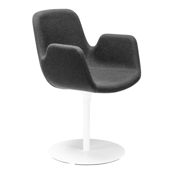 Modern black upholstered chair with a sleek white circular base, featuring a minimalist design and soft texture.