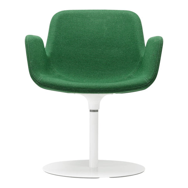 Green upholstered chair with smooth, curved arms and a sleek white base, offering a modern look.