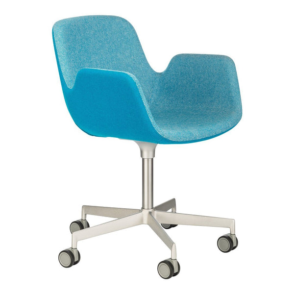 Blue upholstered swivel chair with a modern design and subtle texture, featuring a chrome base and wheels.