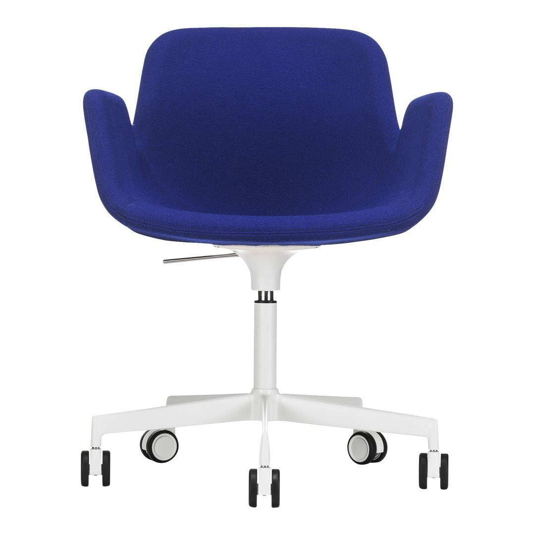 Vibrant blue upholstery armchair with a sleek white base and wheels, perfect for modern workspaces.