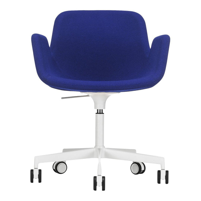 Vibrant blue upholstery armchair with a sleek white base and wheels, perfect for modern workspaces.