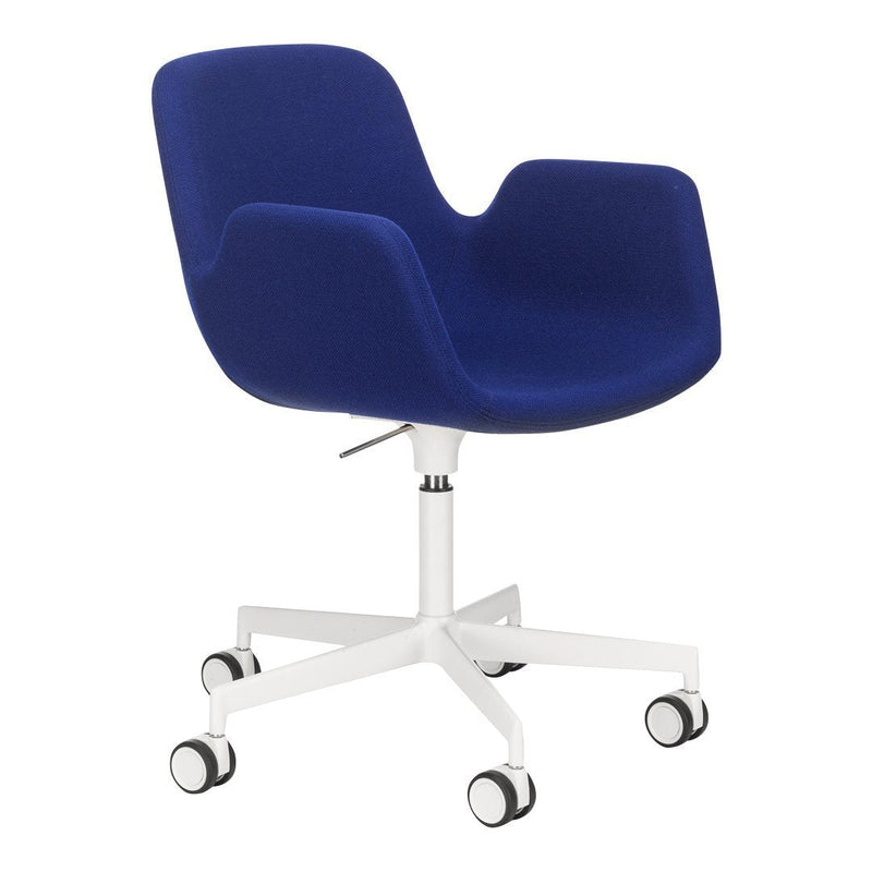 Navy blue upholstered swivel chair with a smooth finish, featuring a white base and wheels for easy mobility.