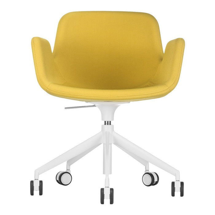 Yellow ergonomic chair with a smooth finish and white rolling base, perfect for modern office or home decor.