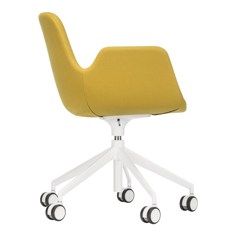 Yellow upholstered chair with a white base and wheels, featuring a sleek, modern design. Perfect for office use.
