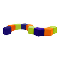 Colorful modular seating with vibrant orange, green, purple, and blue hexagonal patterns. Perfect for playful spaces.