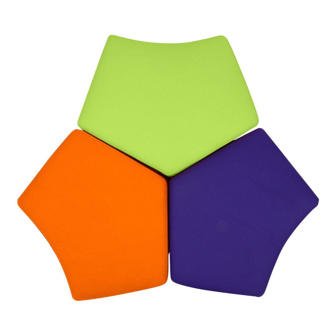 Colorful pentagon cushions in vibrant green, orange, and purple, showcasing a playful geometric design.