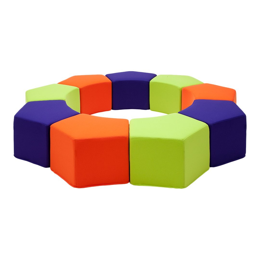 Colorful modern seating arrangement featuring vibrant orange, green, and purple hexagonal cushions. Perfect for playful spaces.