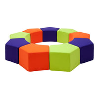 Colorful modern seating arrangement featuring vibrant orange, green, and purple hexagonal cushions. Perfect for playful spaces.