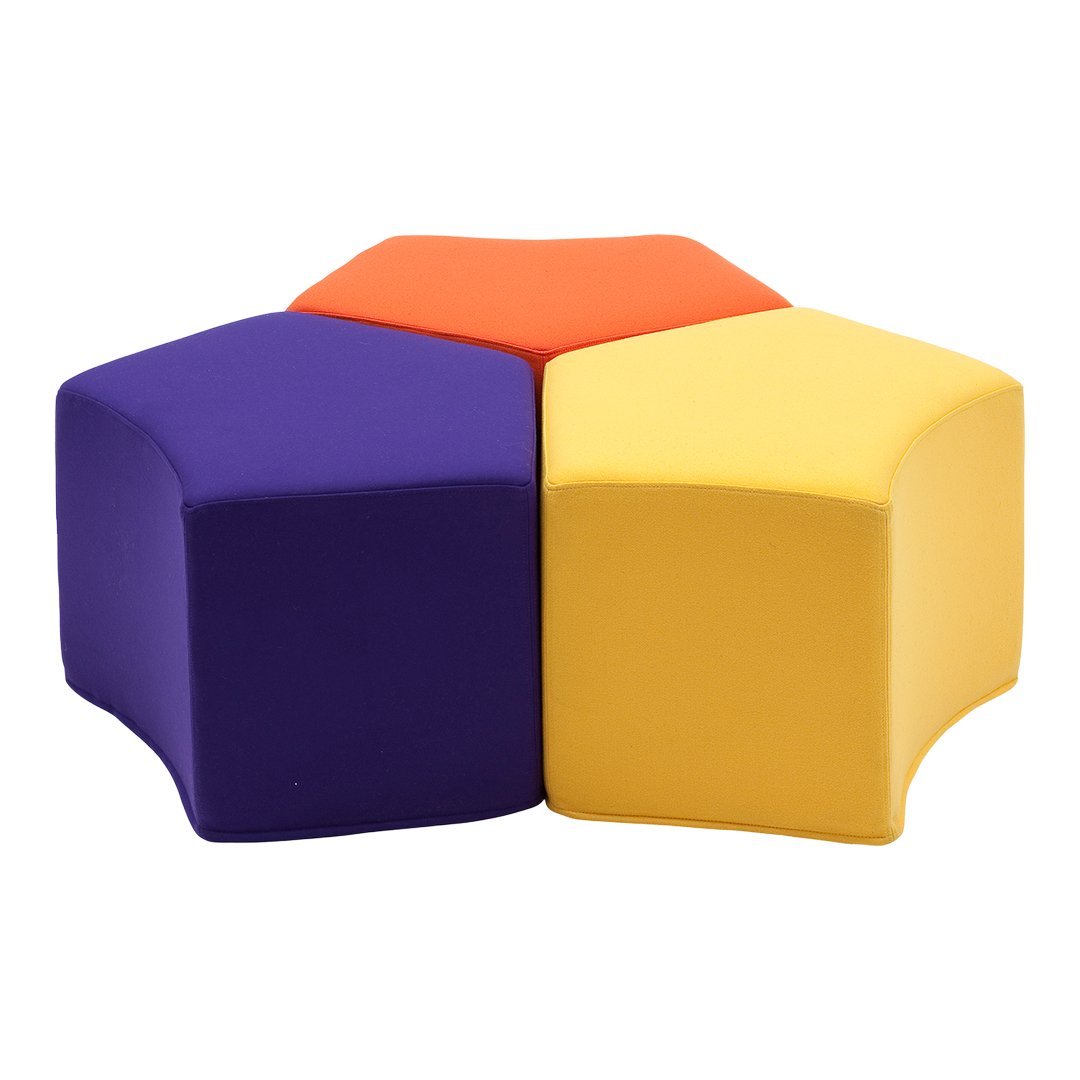 Colorful hexagon seating with purple, orange, and yellow foam cushions; modern, playful design for kids' spaces.
