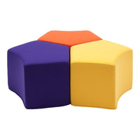 Colorful hexagon seating with purple, orange, and yellow foam cushions; modern, playful design for kids' spaces.