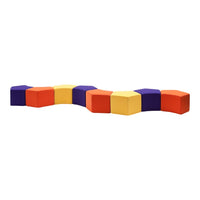 Colorful, interlocking foam blocks in bright orange, yellow, purple, and a mix of geometric patterns.