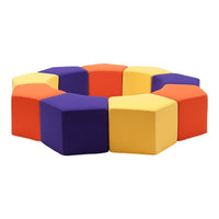 Colorful hexagonal cushions in purple, orange, yellow, and blue arranged in a circular pattern. Perfect for playful decor.