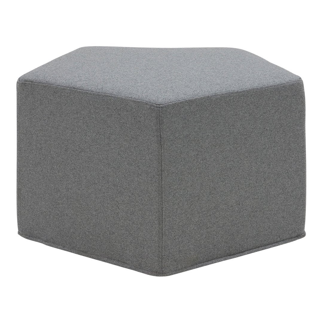 Hexagonal ottoman in a solid, modern light gray fabric, perfect for versatile decor styles.