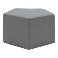 Hexagonal ottoman in a solid, modern light gray fabric, perfect for versatile decor styles.