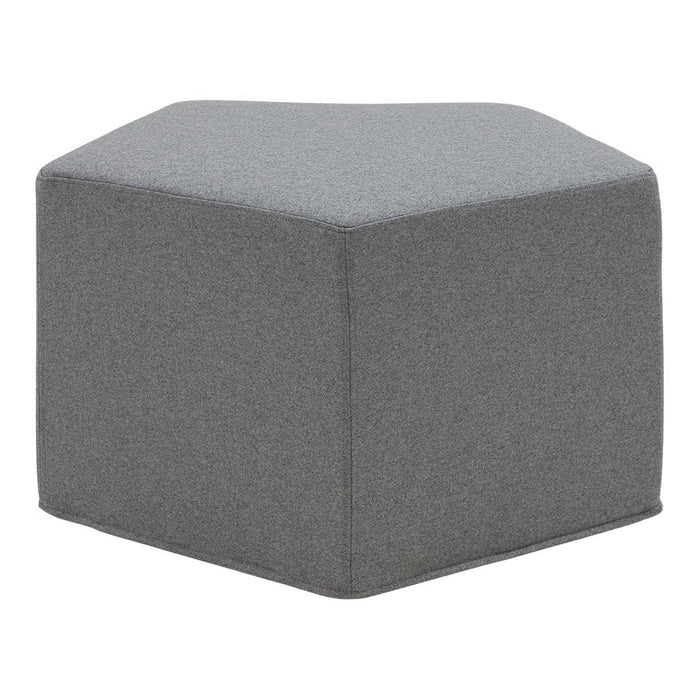 Hexagonal ottoman in a solid, modern light gray fabric, perfect for versatile decor styles.