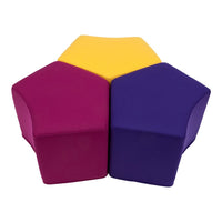 Colorful pentagon-shaped cushions in vibrant yellow, purple, and magenta. Ideal for playful decor.