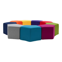 Colorful hexagonal seating cubes in teal, gray, orange, yellow, purple, green, and magenta, arranged in a circular pattern.