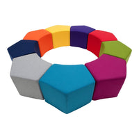 Colorful hexagonal seating in a vibrant rainbow pattern featuring shades of blue, purple, yellow, green, and pink.