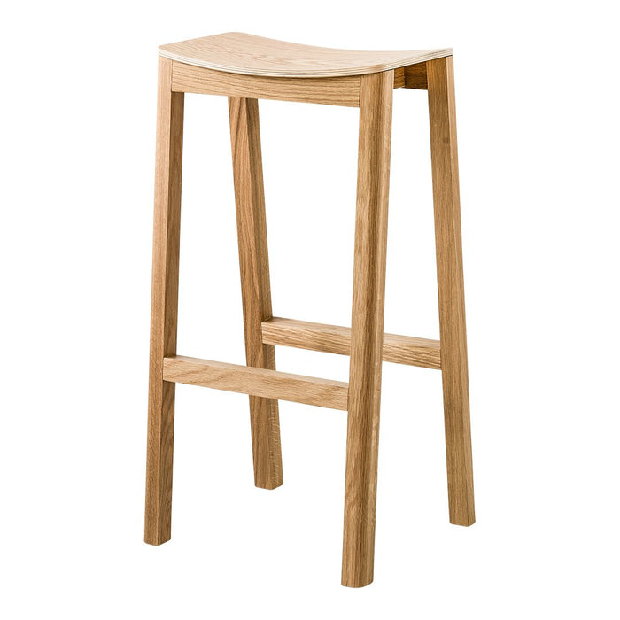 Natural oak bar stool with a sleek wood grain pattern, featuring warm tones and a minimalist design.