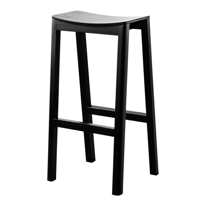 Black wooden bar stool with a sleek, minimalist design and smooth, curved seat surface.