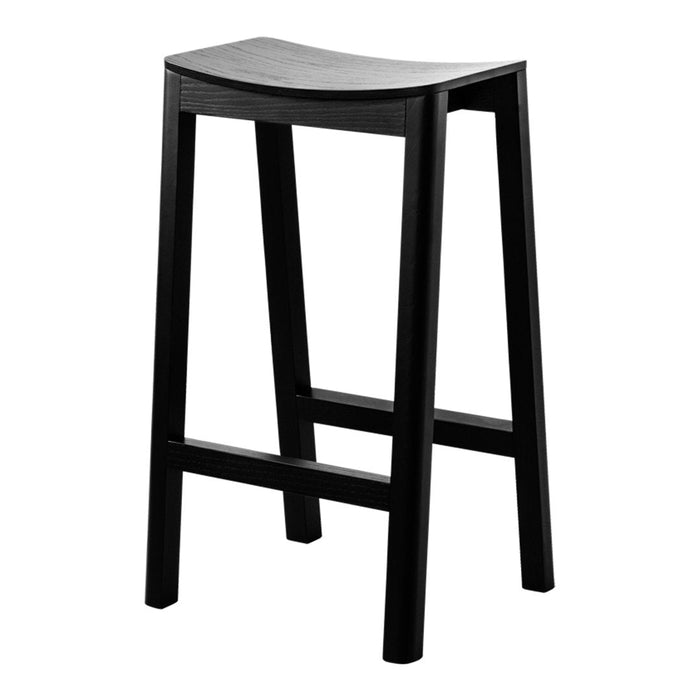 Black wooden bar stool with a smooth curved seat and minimalist design. Perfect for modern decor.