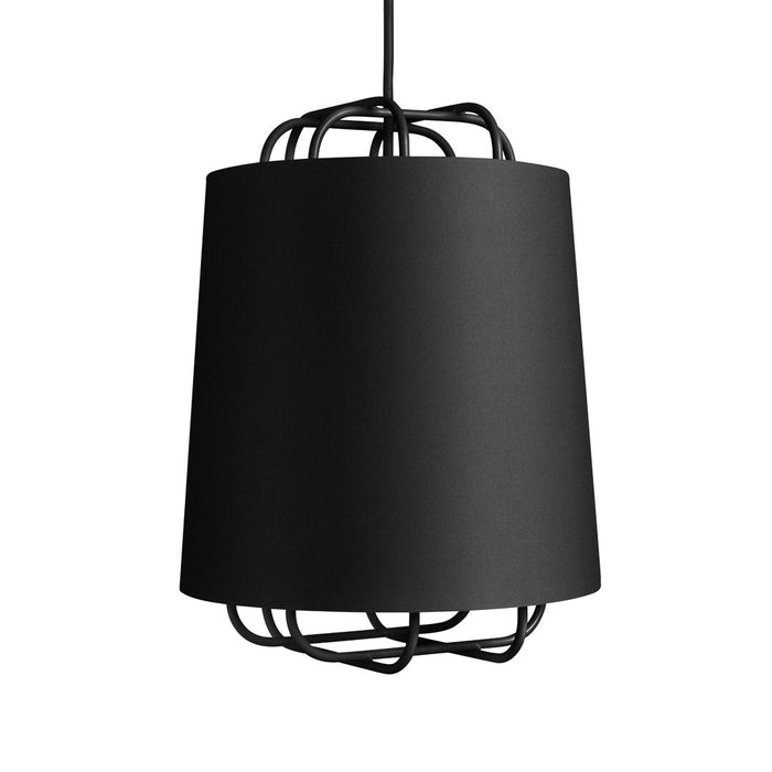 Matte black pendant lamp with a geometric wire frame, offering a sleek, modern design.