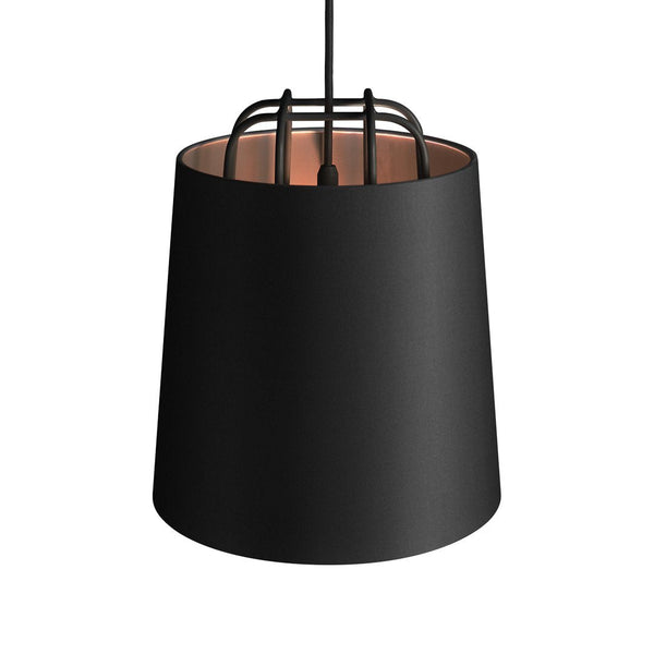 Matte black pendant lamp with a sleek, minimalist design and warm copper interior accents. Ideal for modern decor.