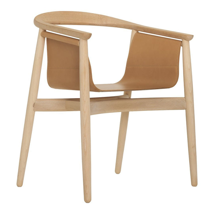 Light wood chair with a smooth, tan leather seat and minimalist design, showcasing natural organic tones.