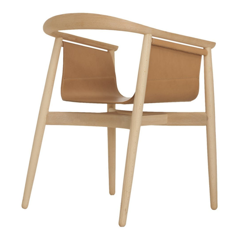 Tan leather chair with natural wood frame, featuring a minimalist design and smooth, clean lines.
