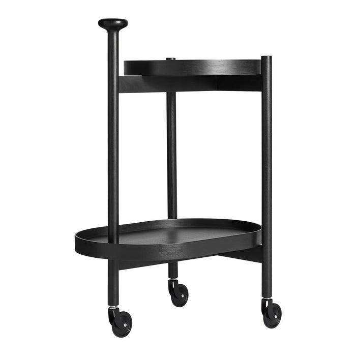 Black metal rolling cart with a sleek, minimalist design and smooth round edges, featuring two trays and four wheels.