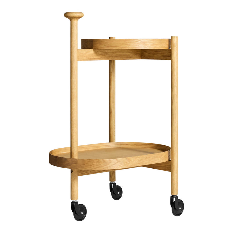 Natural wood cart with a smooth finish and clean lines, featuring a light oak color and circular patterns.