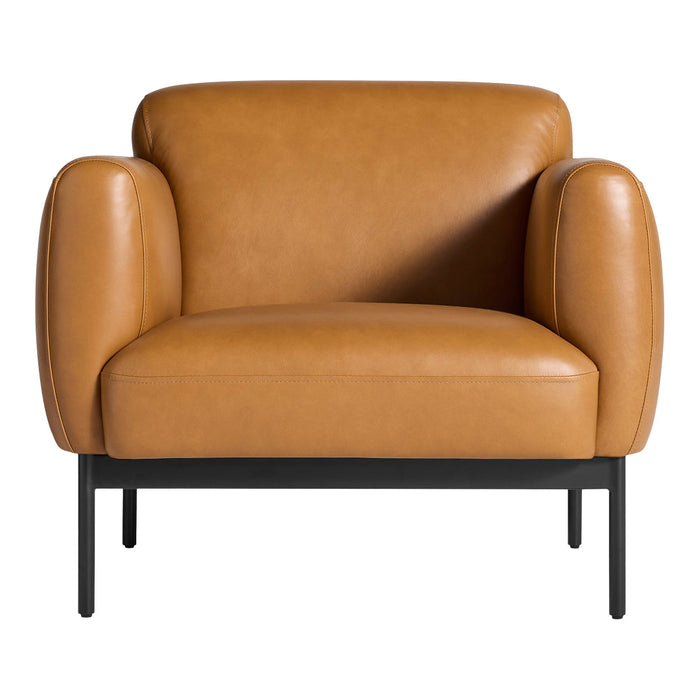 Tan leather armchair with smooth upholstery and rounded arms, set on a sleek black metal frame.