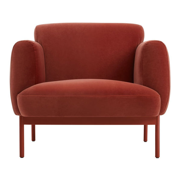 Plush rust velvet armchair with smooth, rounded edges and sleek metal legs, ideal for modern home decor.