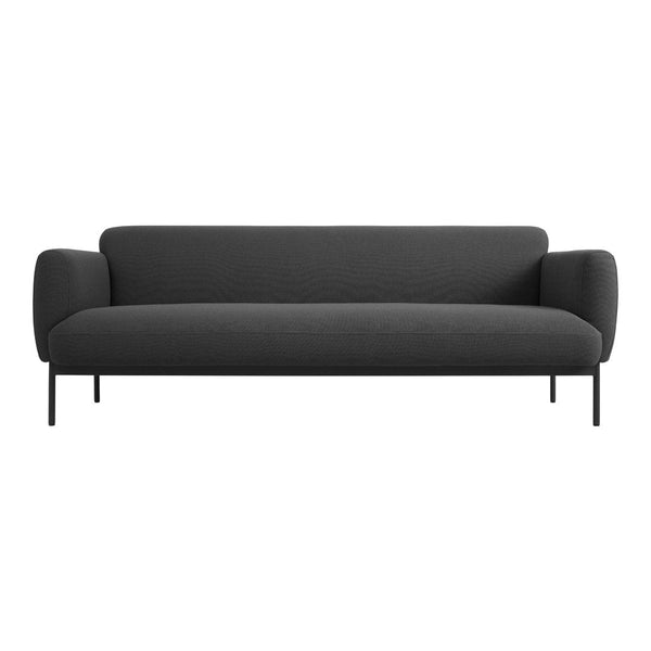 Sleek gray sofa with minimalist design and smooth fabric, featuring clean lines and modern black metal legs.
