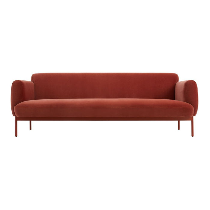 Velvety rust-colored sofa with a smooth texture and minimalist design, featuring simple lines and soft, rounded arms.