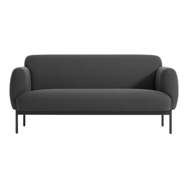 Stylish dark gray sofa with smooth fabric and minimalist design, complemented by sleek black metal legs.