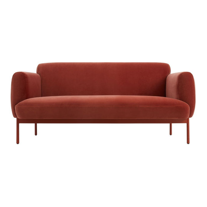 Rust-colored velvet sofa with smooth, modern lines and minimalist design. Ideal for contemporary living spaces.