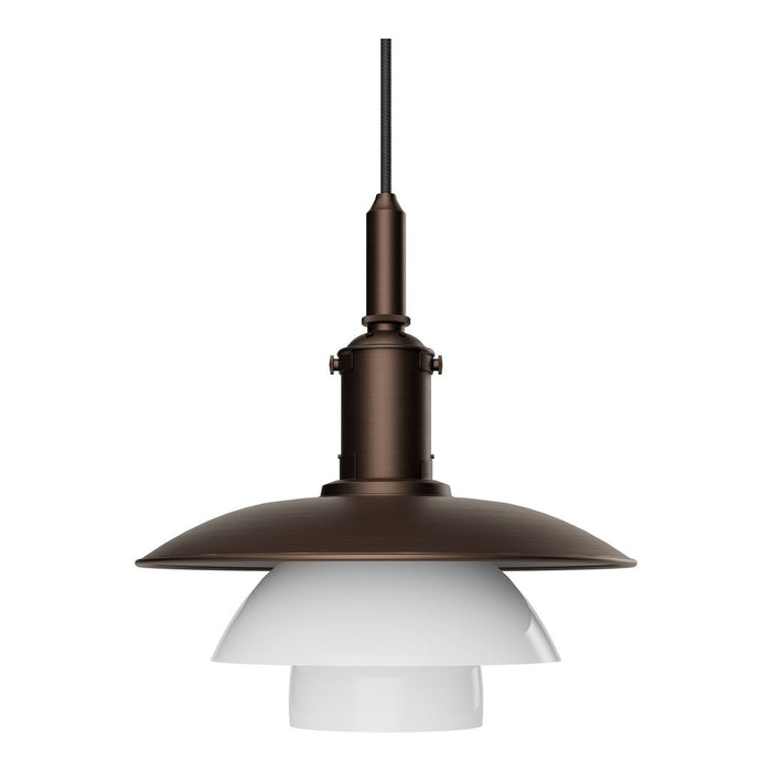 Brown metal pendant light with a white glass shade and a sleek, modern design. Ideal for contemporary settings.