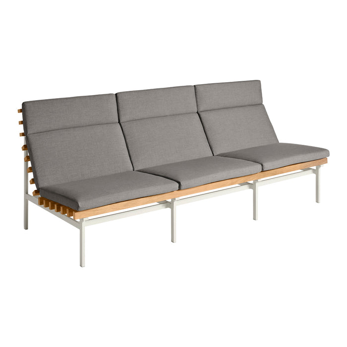 Gray upholstered sofa with clean lines, natural wood accents, and a minimalist design. Ideal for modern interiors.