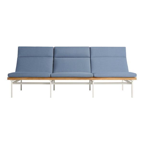 Blue three-seat sofa with a sleek, modern design and wooden base, featuring smooth, solid upholstery.