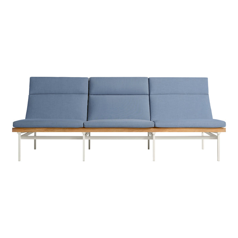 Blue three-seat sofa with a sleek, modern design and wooden base, featuring smooth, solid upholstery.