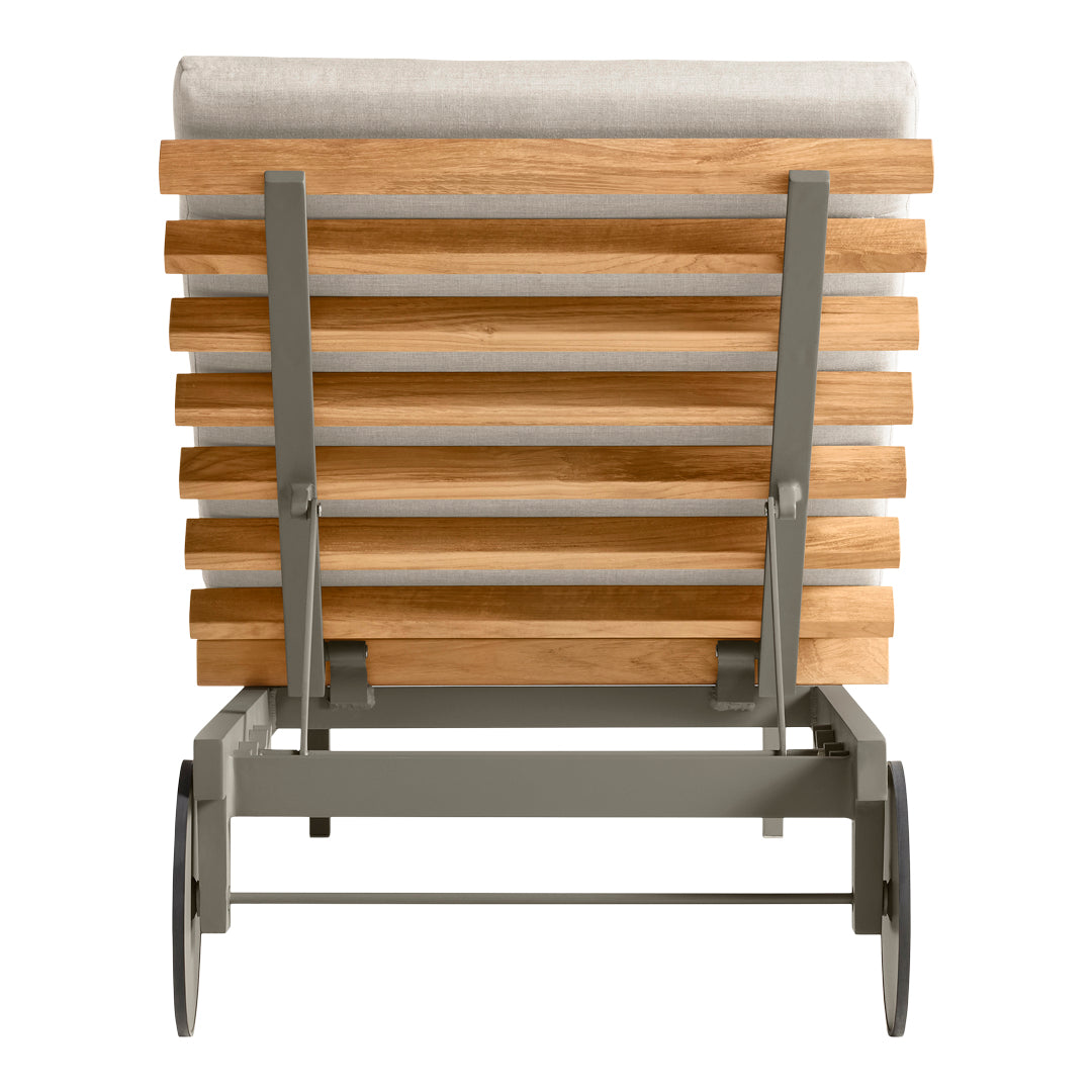 Wooden slats in natural finish, gray metal frame, and light beige cushion. Modern, minimalist design for outdoor furniture.