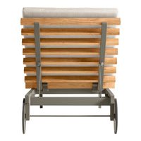 Wooden slats in natural finish, gray metal frame, and light beige cushion. Modern, minimalist design for outdoor furniture.