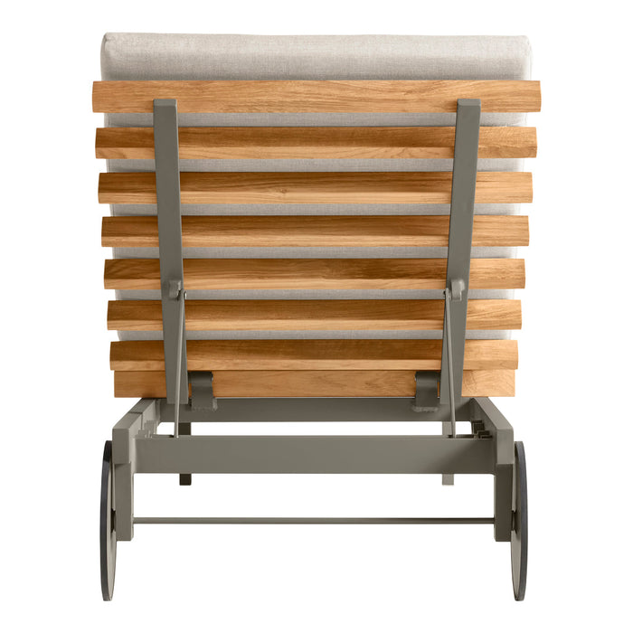 Wooden slats in natural finish, gray metal frame, and light beige cushion. Modern, minimalist design for outdoor furniture.