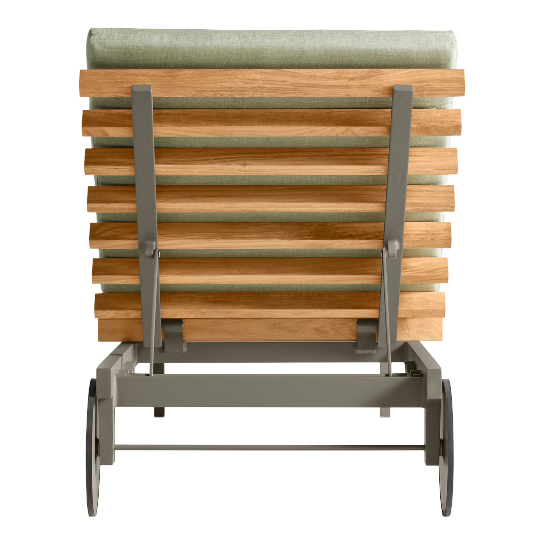 Wooden slatted cart in natural tones with a soft green cushion, featuring a modern gray metal frame.
