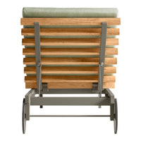 Wooden slatted cart in natural tones with a soft green cushion, featuring a modern gray metal frame.