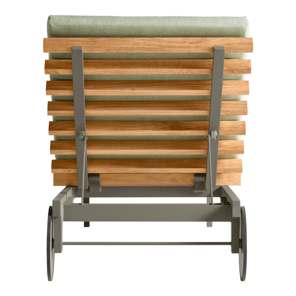Wooden slatted cart in natural tones with a soft green cushion, featuring a modern gray metal frame.