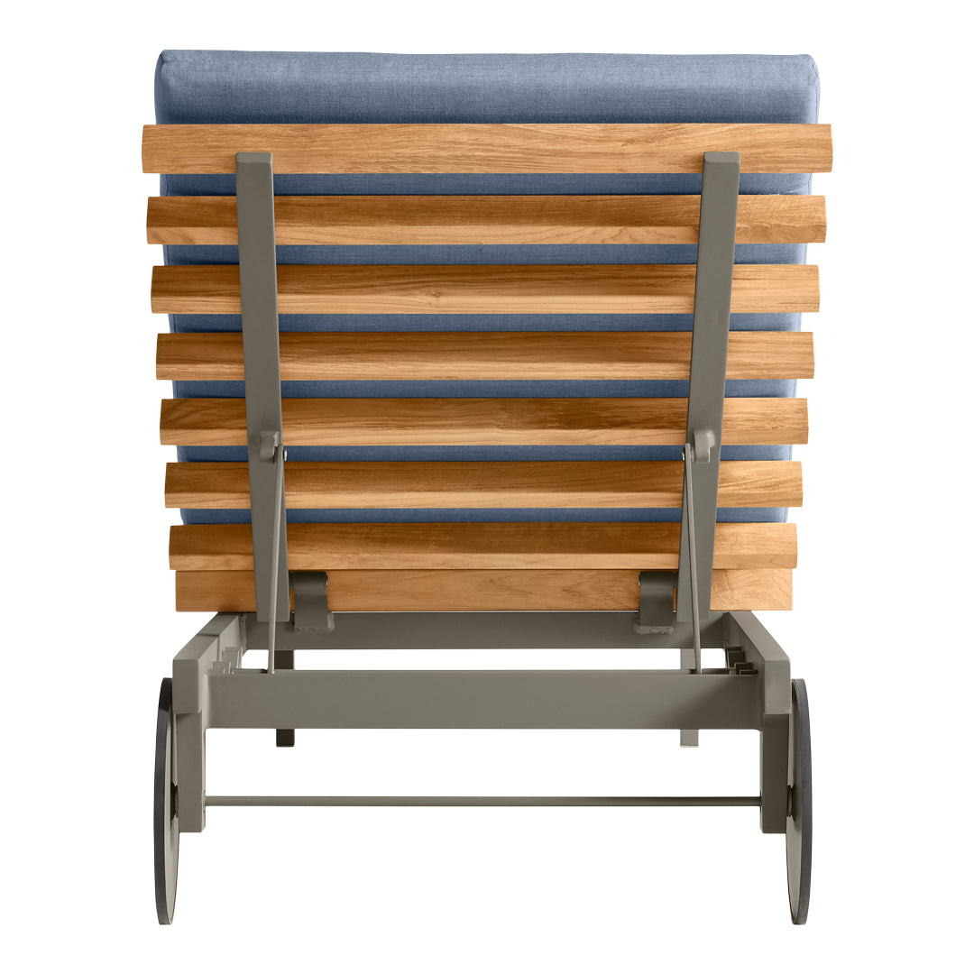 Wooden patio cart with gray metal frame and blue cushion, featuring a slatted design and smooth wheels for easy movement.